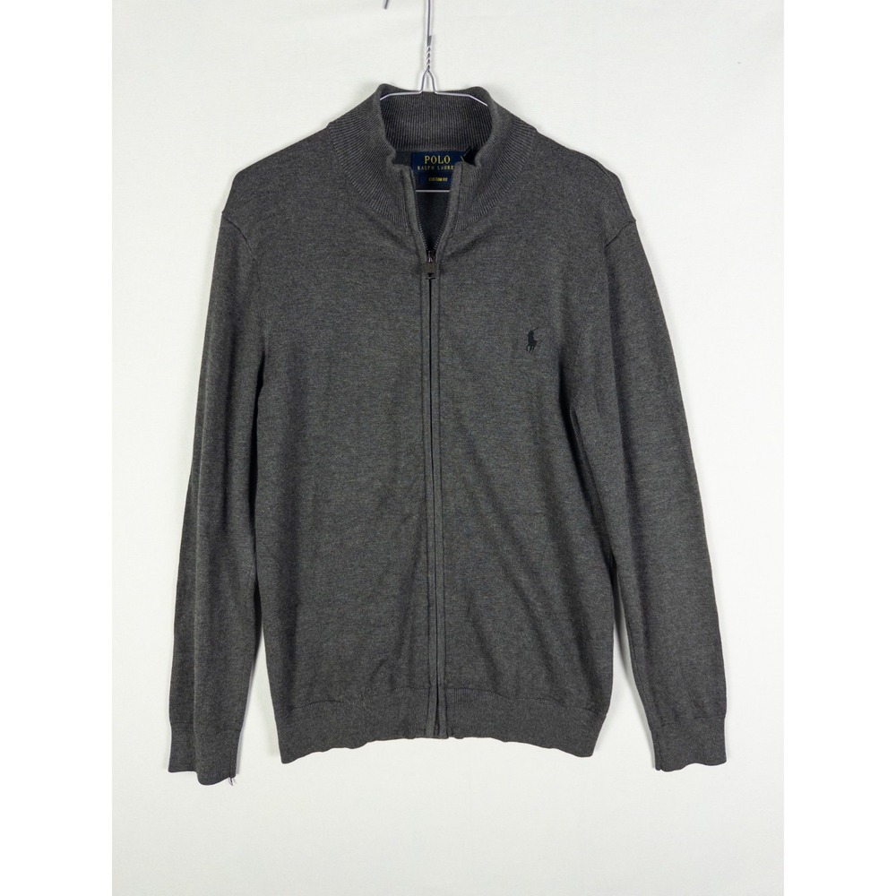Polo Ralph Lauren Mens M (S) Gray Full Zip Sweater Custom Fit Mock Neck Cardigan
